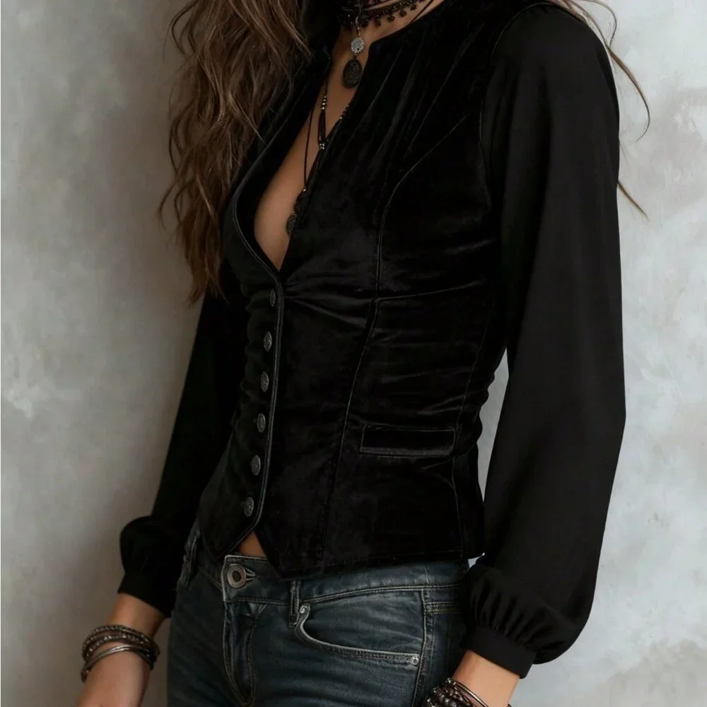 Black Elegant Women's Patchwork Velvet V-Neck Button-Down Jacket - Picture 3 of 4